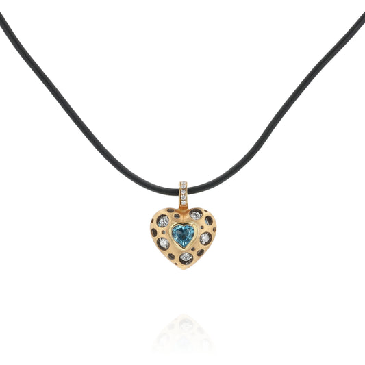 18k Gold Mirror Collection Heart Shaped Blue Topaz and Diamond Pendant Necklace