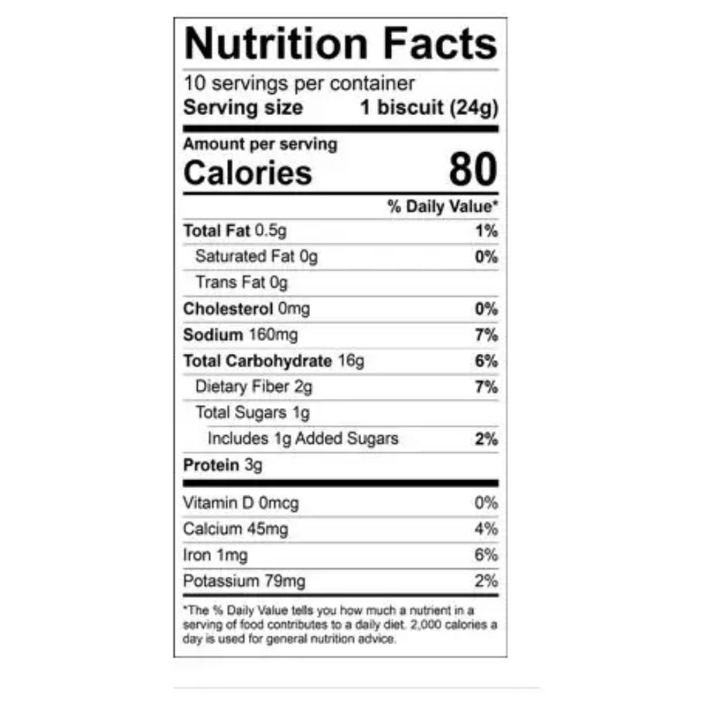 A Nutrition Facts label for a biscuit, showing serving size 1 biscuit (24g) and daily value information per serving.
