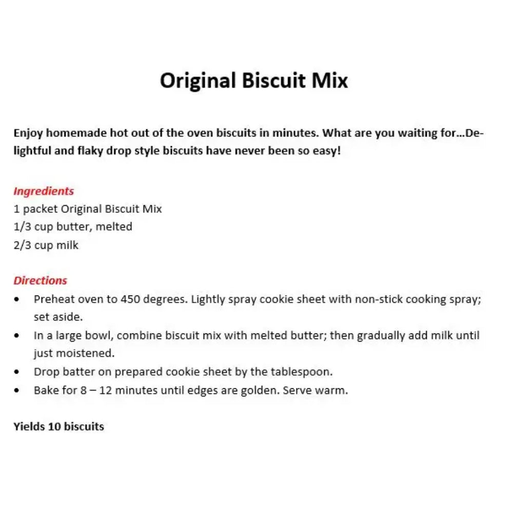 A recipe card for Original Biscuit Mix showing the ingredients and step-by-step directions for making hot out of the oven biscuits on a white background.
