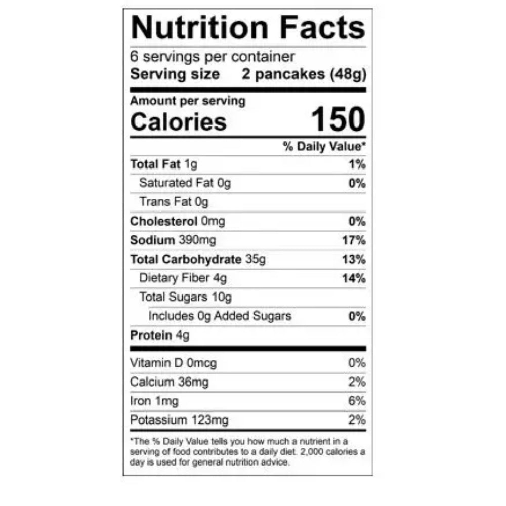 A Nutrition Facts label for a food product showing serving size 2 pancakes (48g) with 150 calories, fat, cholesterol, sodium, carbohydrates, sugars, and protein details on a white background.