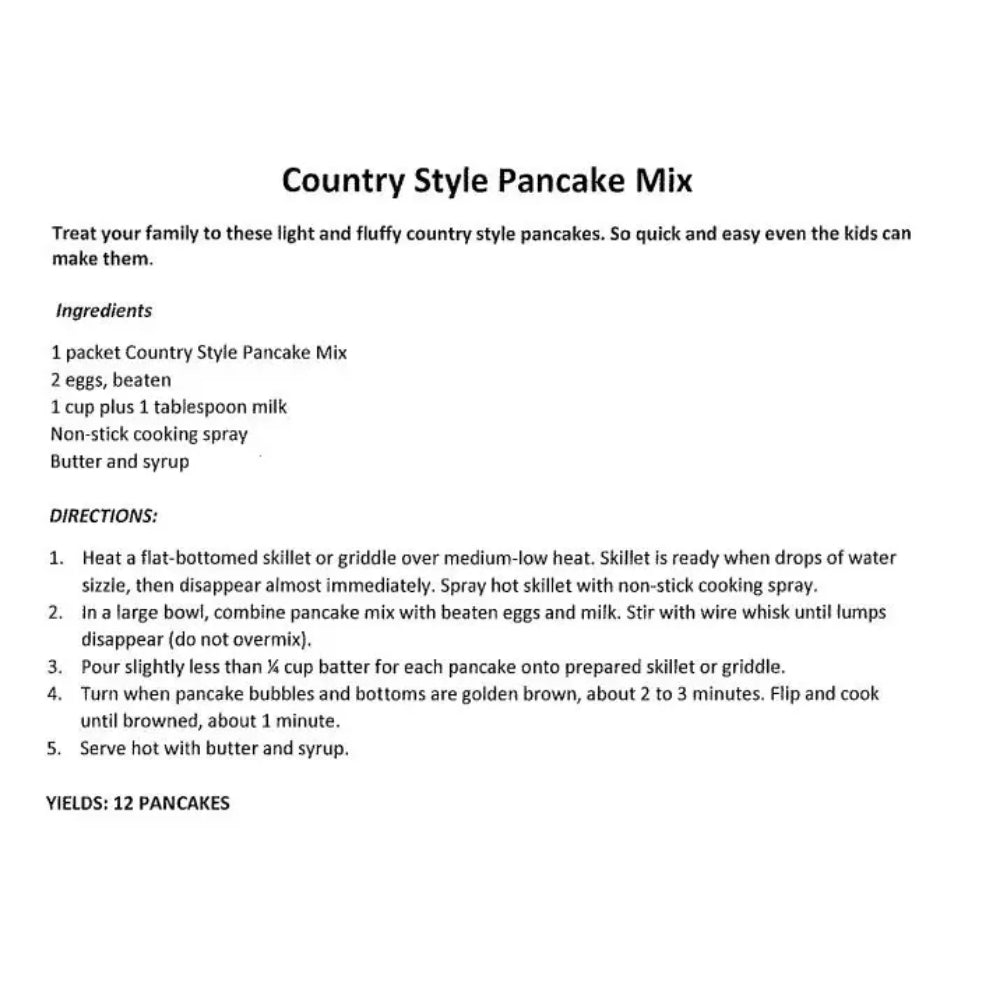 A digital recipe card for Country Style Pancake Mix, detailing ingredients and step-by-step directions for making 12 pancakes on a plain white background.