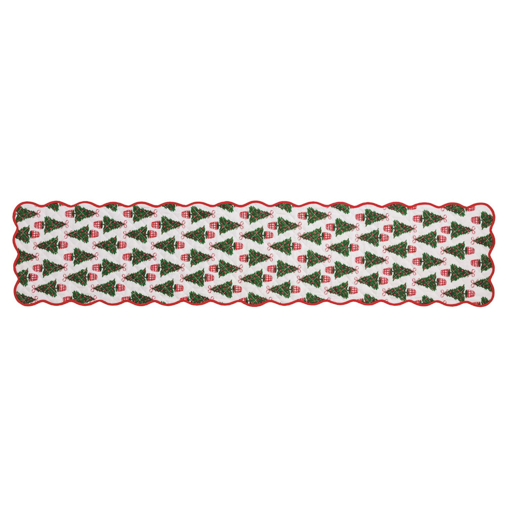 Decorative table runner with Christmas tree pattern on a white background