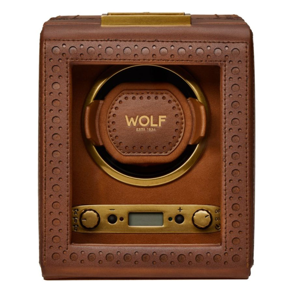 Brown watch winder with gold accents featuring the WOLF brand on a white background