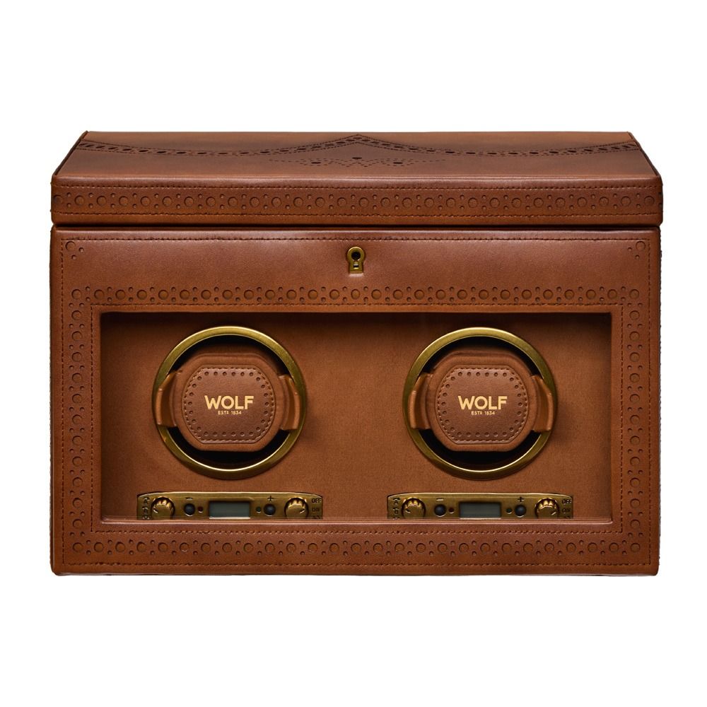brown double watch winder with WOLF on each winder on white background