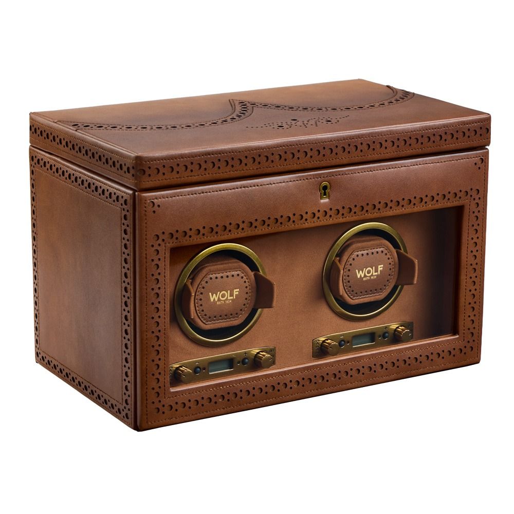 brown double watch winder with WOLF on each winder on white background on an angle