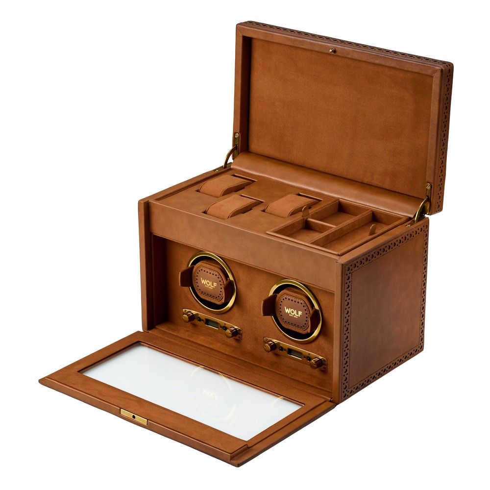 brown double watch winder with WOLF on each winder on white background with top and front open