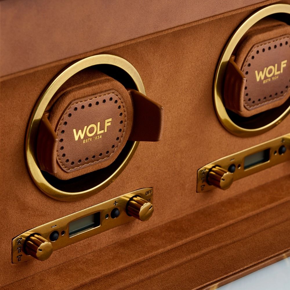 brown double watch winder with WOLF on each winder on white background