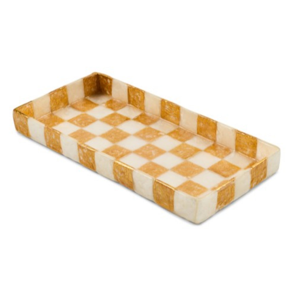 A rectangular ceramic tray with a checkered pattern in warm tan and off-white, shown on a plain white background.