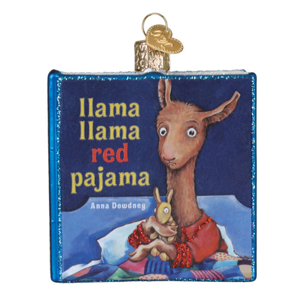 Book ornament titled 'Llama Llama Red Pajama' with a llama illustration on a blue background.