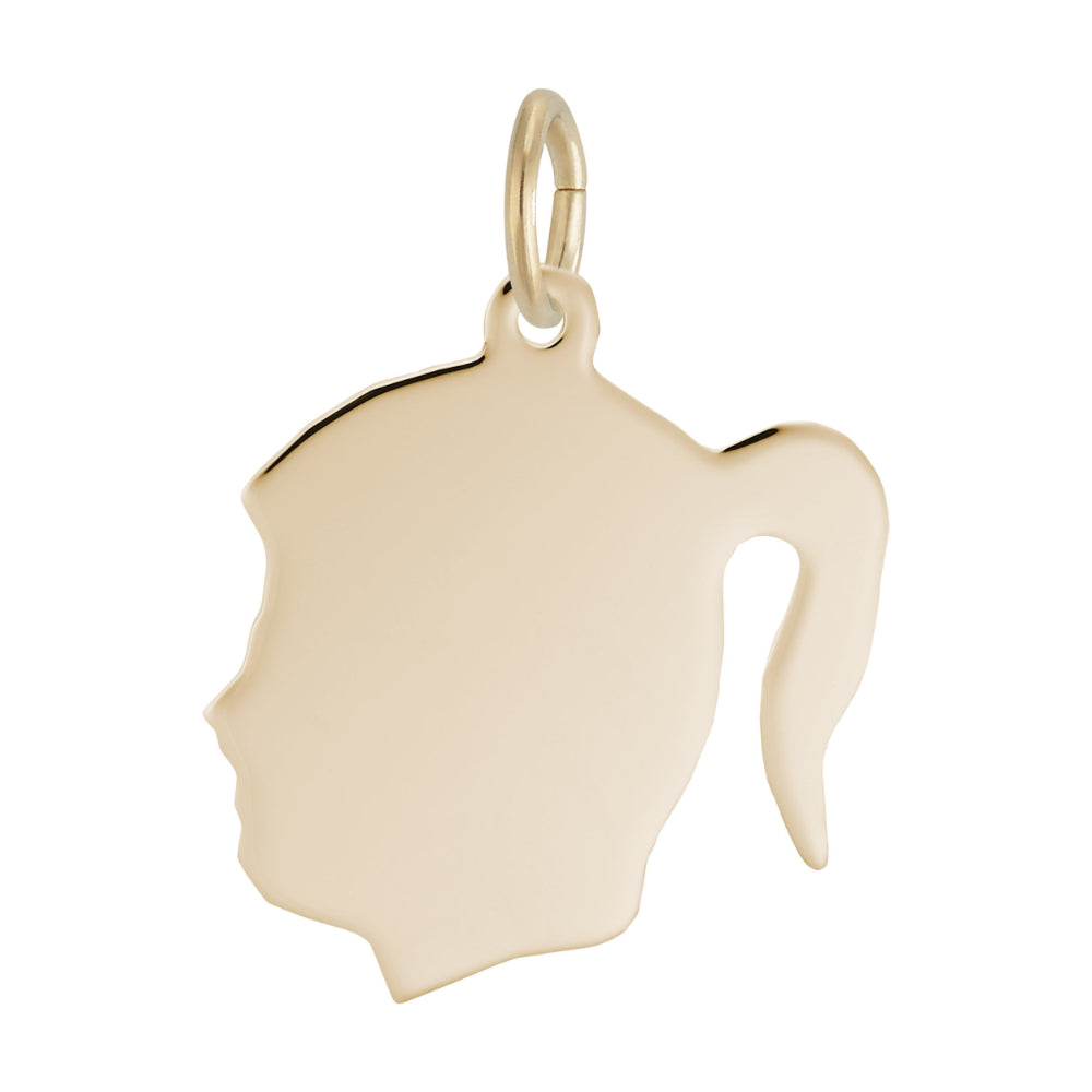 Gold silhouette of a girl with a ponytail charm facing left 