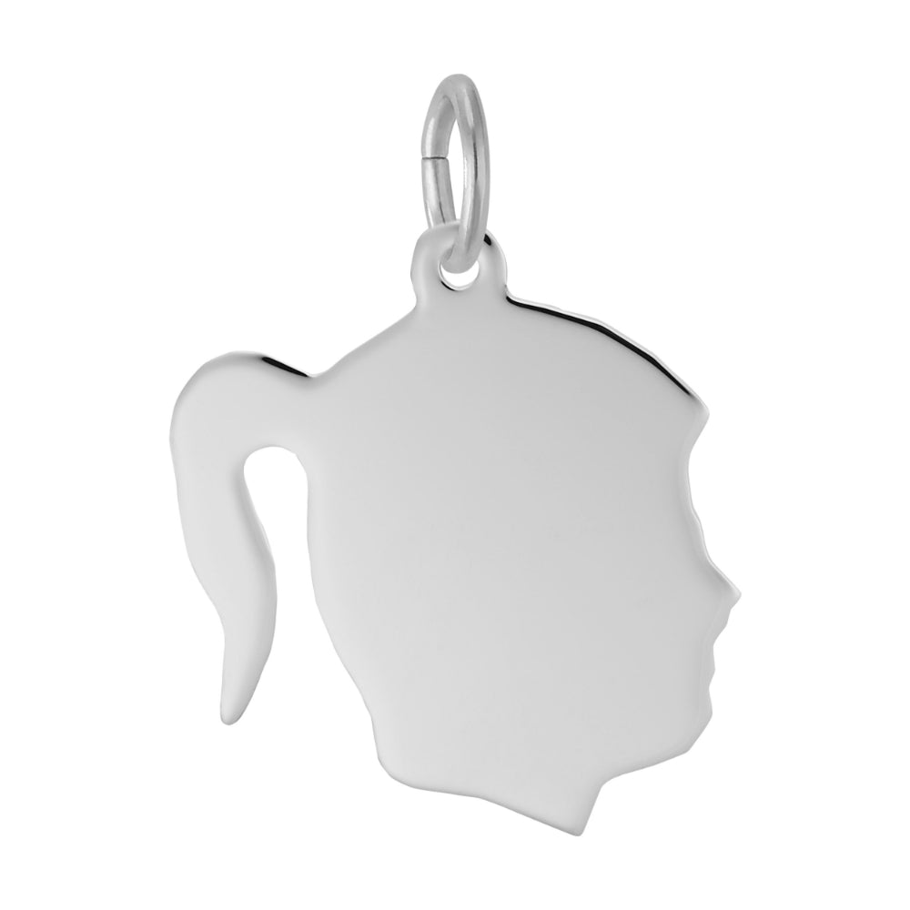 Silver silhouette of a girl with a ponytail charm facing right