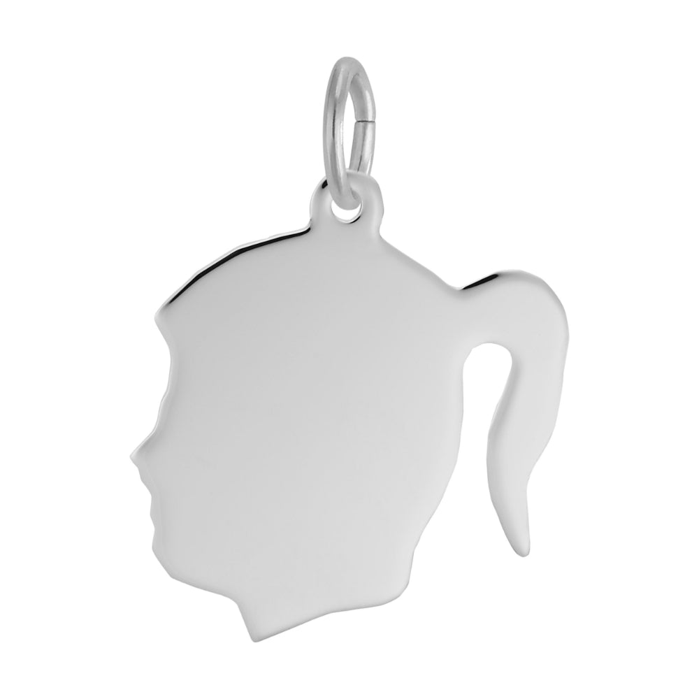 Silver silhouette of a girl with a ponytail charm facing left 