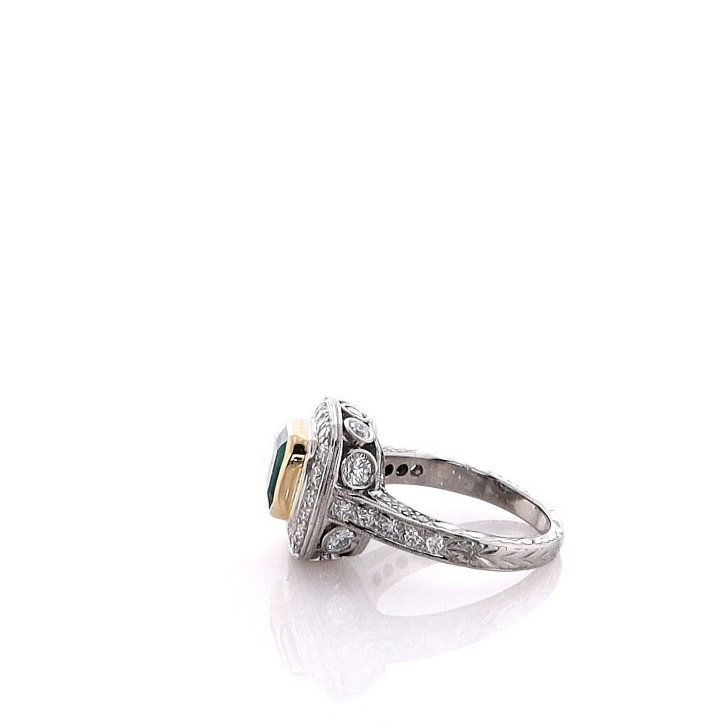 Estate Two-Tone Emerald Cut Emerald and Diamond Hand Engraved Ring