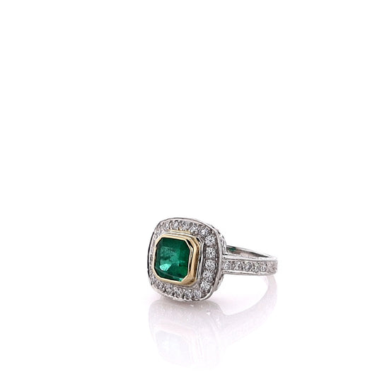 Estate Two-Tone Emerald Cut Emerald and Diamond Hand Engraved Ring