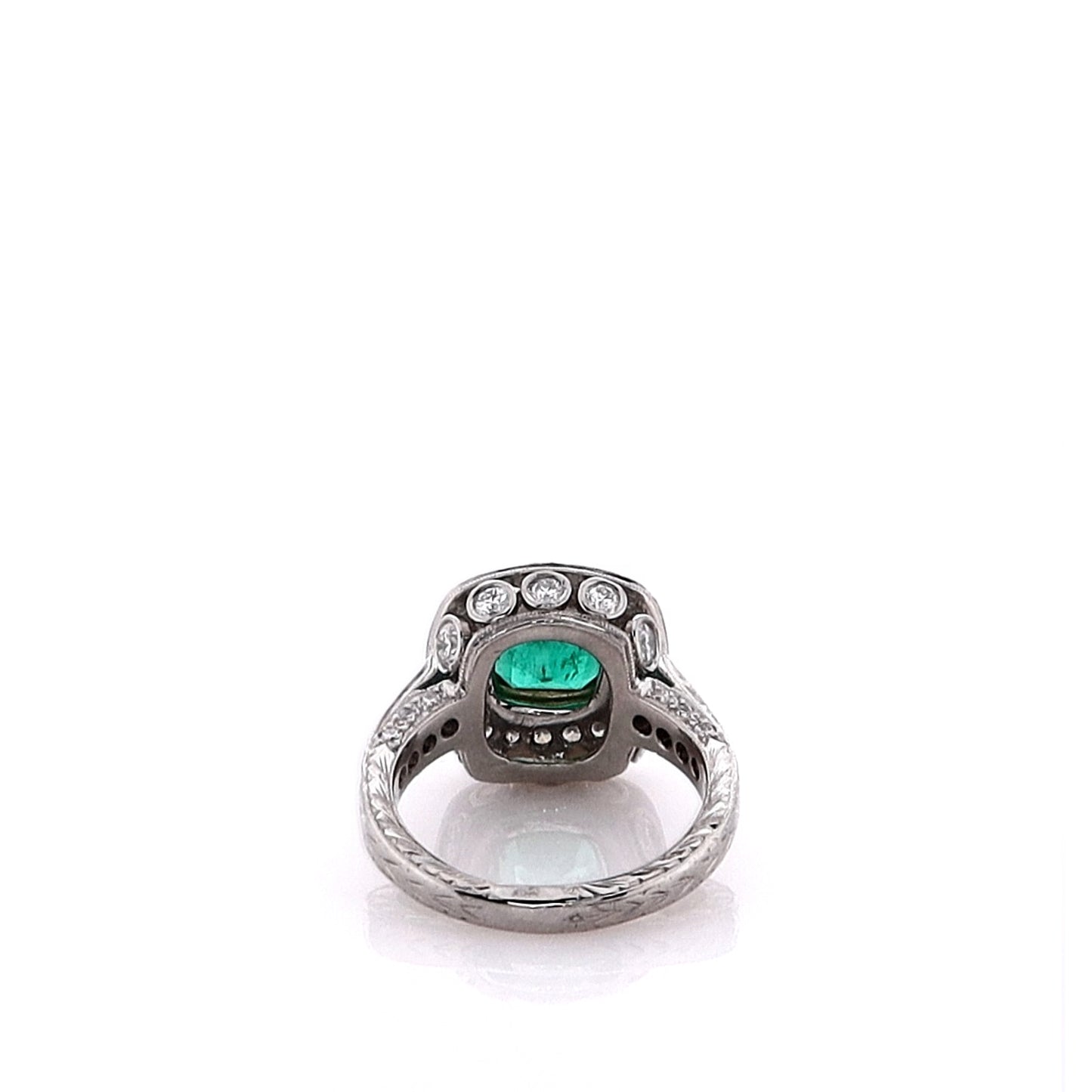 Estate Two-Tone Emerald Cut Emerald and Diamond Hand Engraved Ring