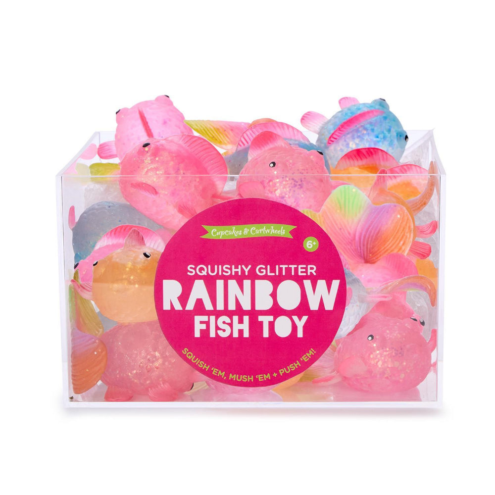 Packaged rainbow fish toy with a clear front showing the toys inside.