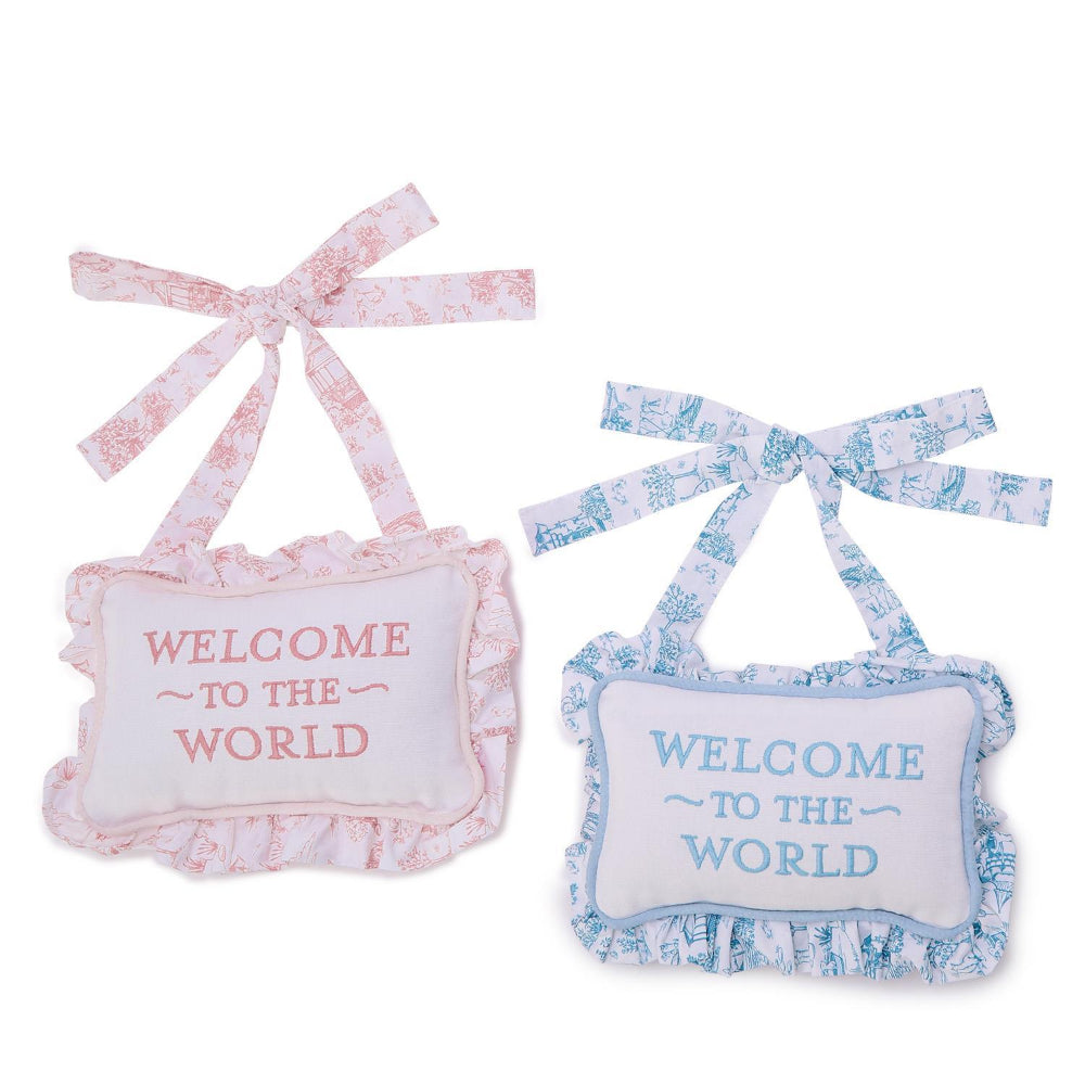 Two's Company Welcome to the World Embroidered Ruffle Pillow Door Hanger