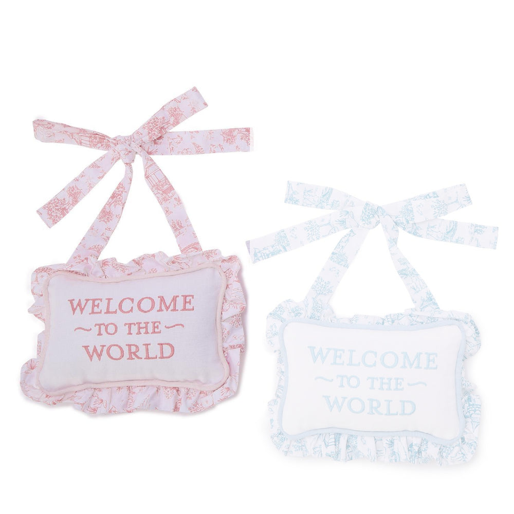 Two's Company Welcome to the World Embroidered Ruffle Pillow Door Hanger