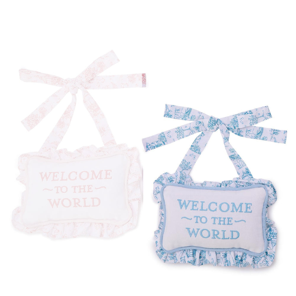 Two's Company Welcome to the World Embroidered Ruffle Pillow Door Hanger