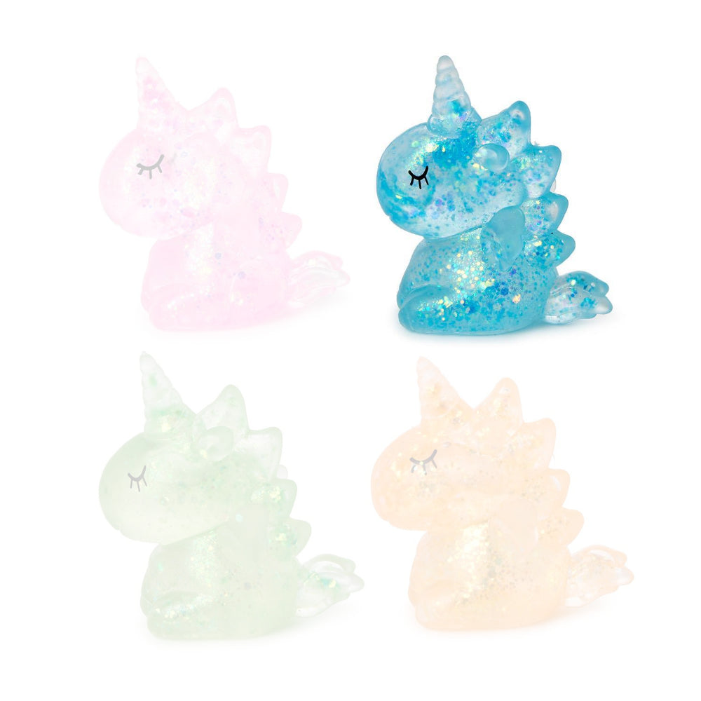 Blue squishy glittery unicorn toy on a white background