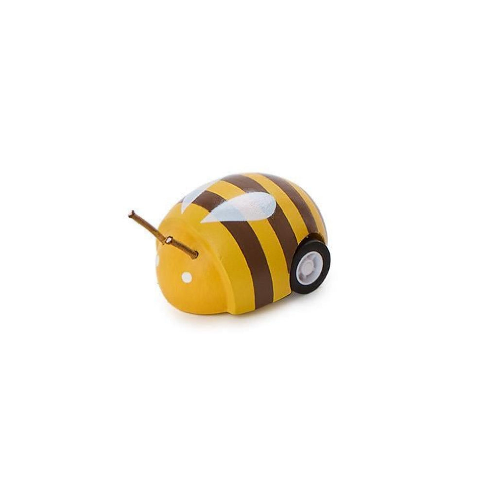 A small yellow and brown striped bee-shaped toy with white wings and a black-and-white wheel, photographed on a plain white background.