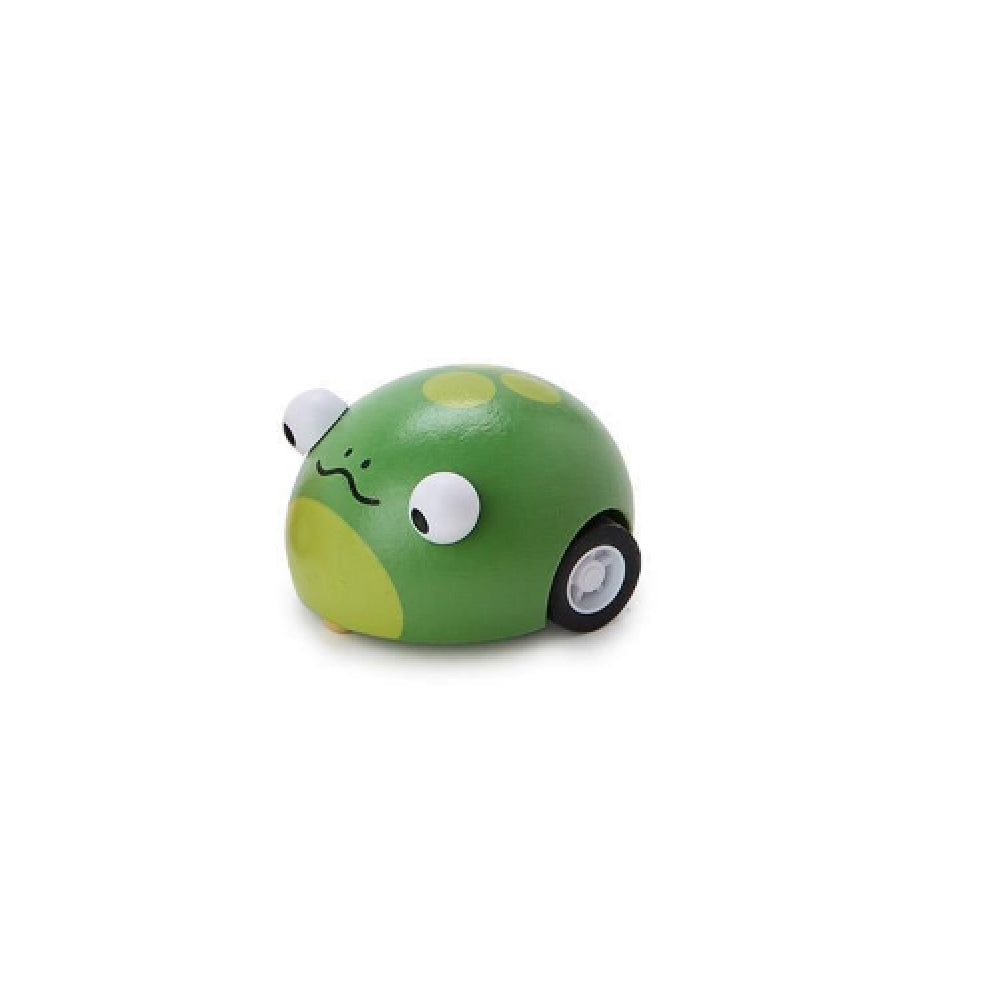 A green frog-shaped toy car with large white cartoon eyes, a small black wheel, and yellow-green spots on a plain white background.