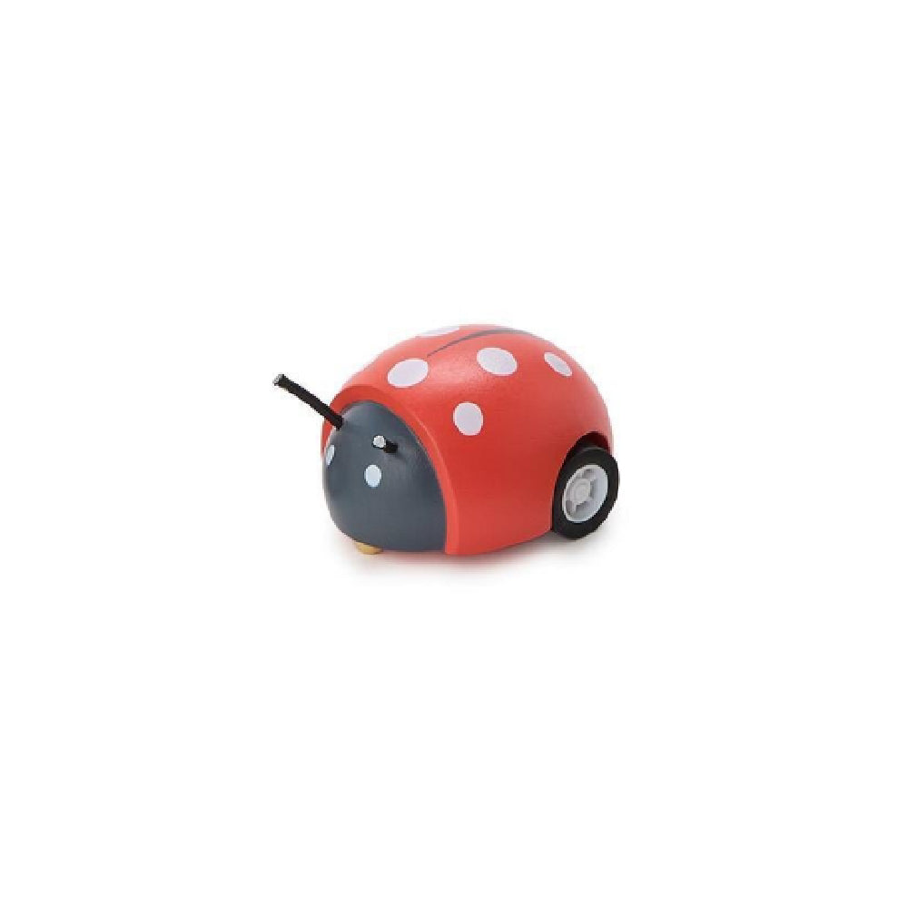 A small ladybug-shaped toy or device with a red shell, white polka dots, a dark gray face, and black wheels, photographed on a plain white background.