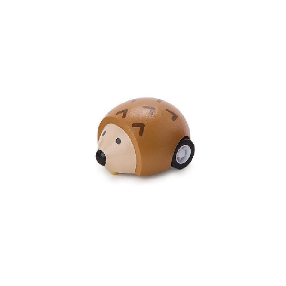 A small toy hedgehog shaped like a car, featuring a brown shell with black dash marks, a beige face, and a black wheel with a silver center, shown on a plain white background.