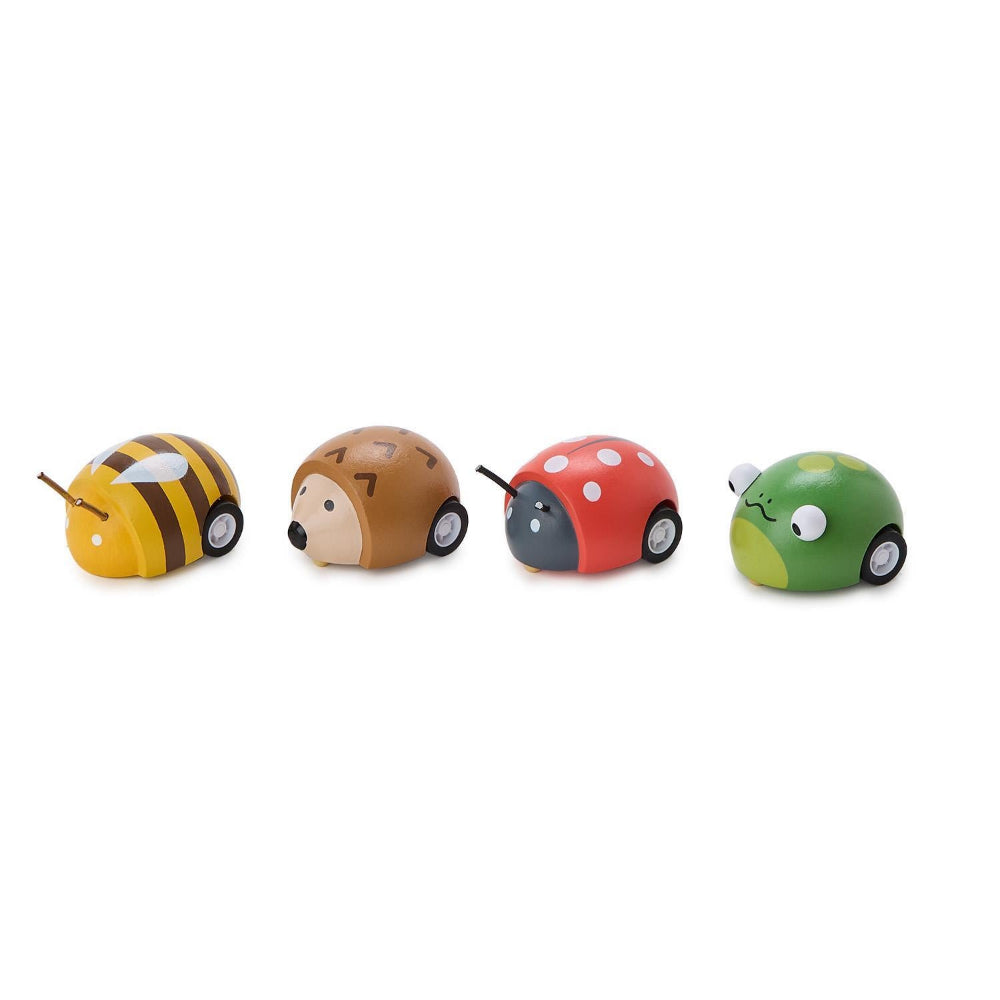 Four colorful toy bugs on a white background.