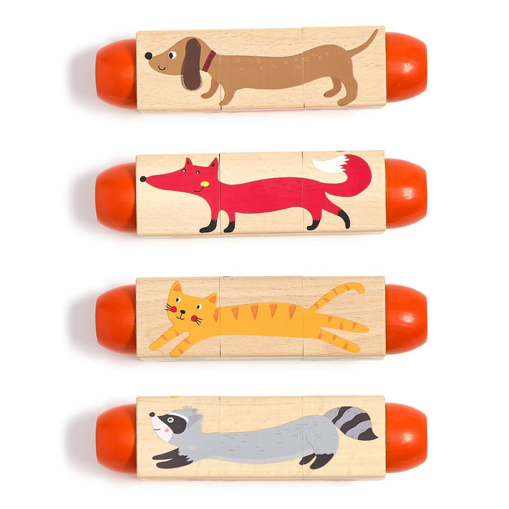 A four sided wooden animal roll toy with animal designs on a white background.