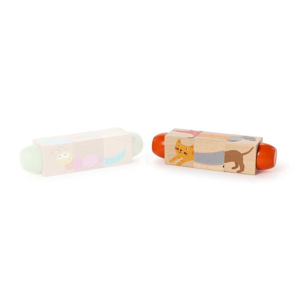 Animal wooden toy block with colorful animal illustrations and orange-red ends, photographed on a clean white background.