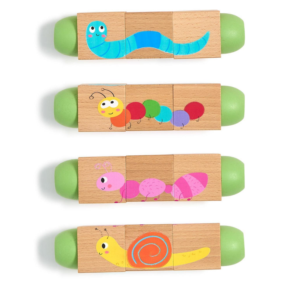 A four sided wooden graden critter roll toy with  garden animals designs on a white background.