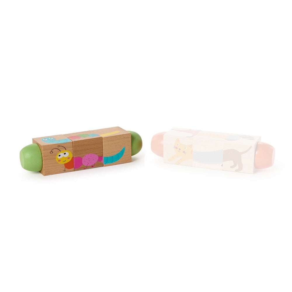 Garden Critters wooden toy block with colorful printed illustrations by side on a clean white background.