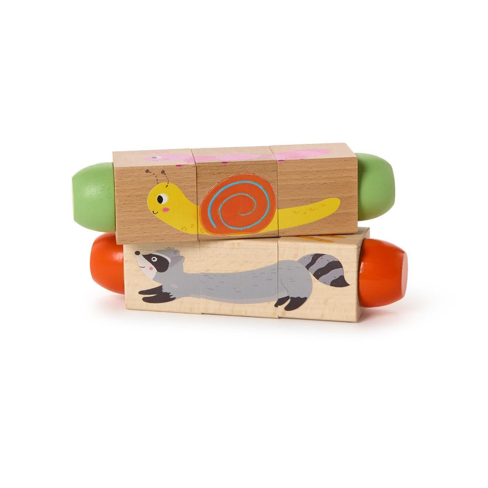 Two wooden toy blocks with animal designs on a white background.