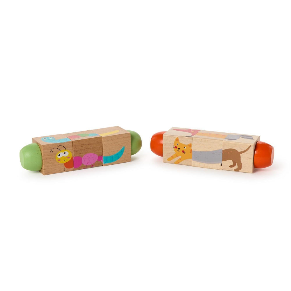 Two wooden toy blocks with colorful painted animal and geometric illustrations, shown on a clean white background.