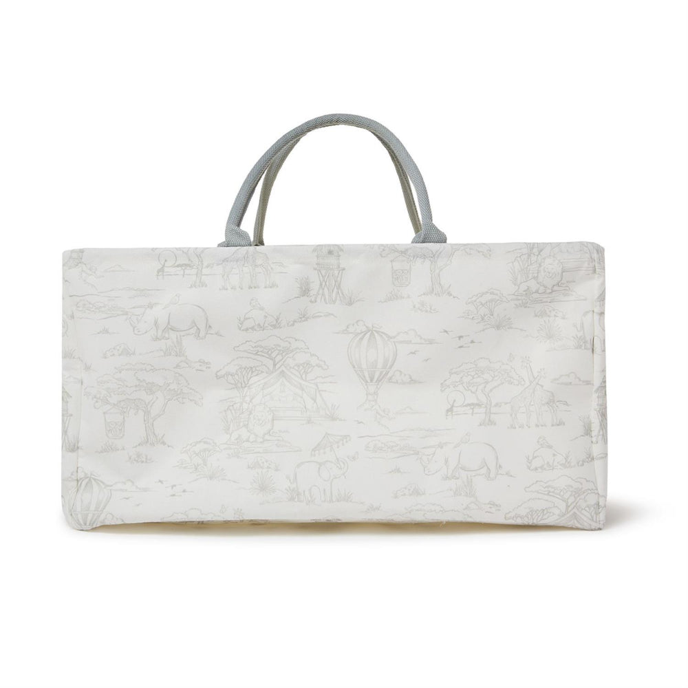 A grey safari patterned bag on white with a handle on a white background