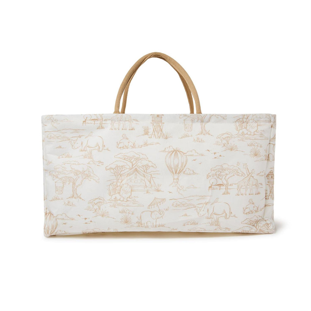 A taupe safari patterned bag on white with a handle on a white background