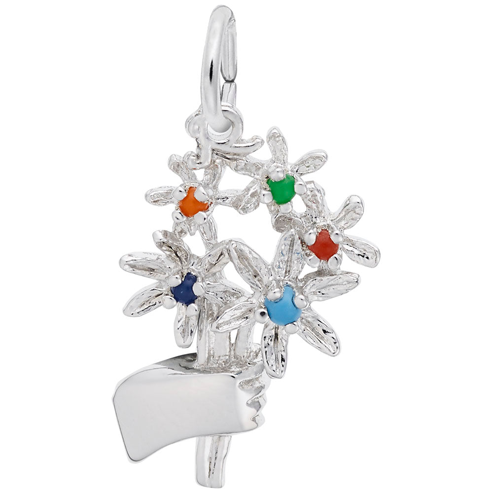 Silver Bouquet Charm with multi-colored beads on a white background