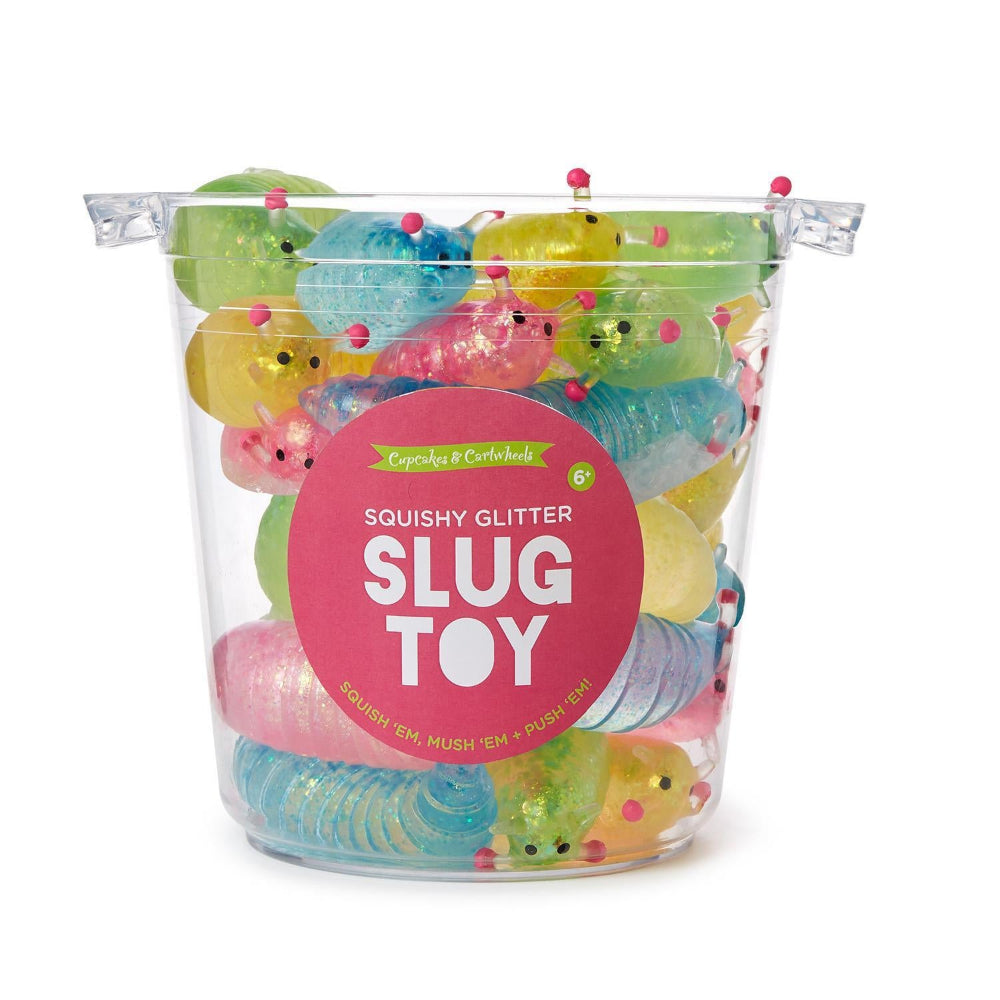 Clear container filled with colorful squishy glitter slug toys on a white background