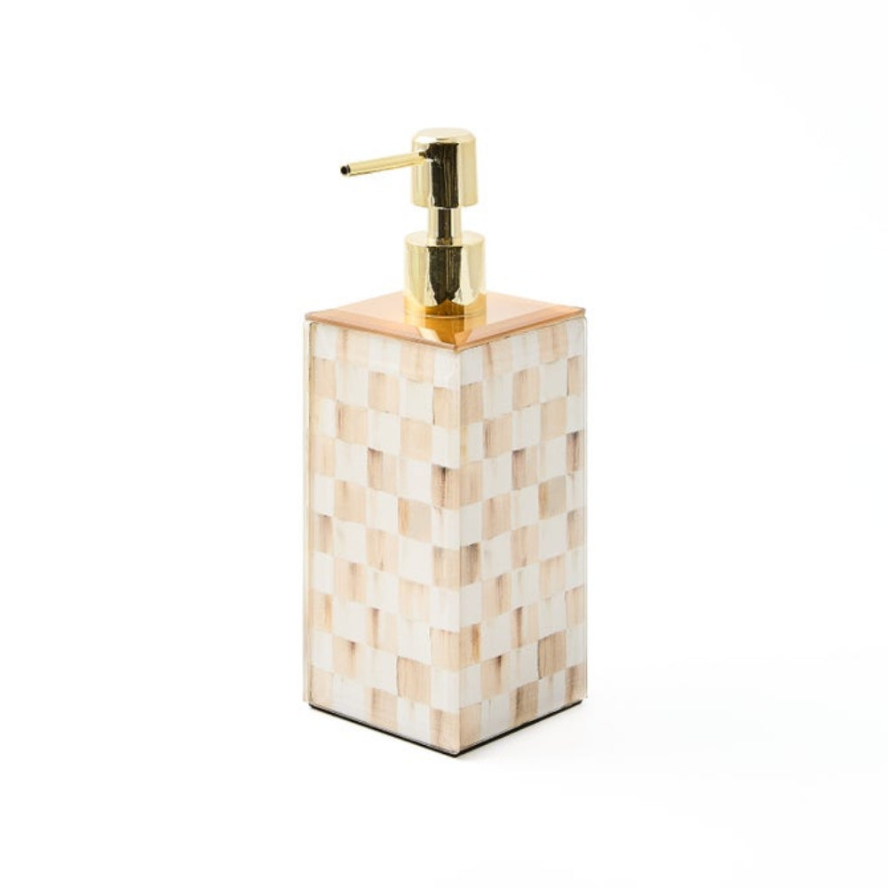 Decorative soap dispenser with mosaic pattern and gold pump on a white background