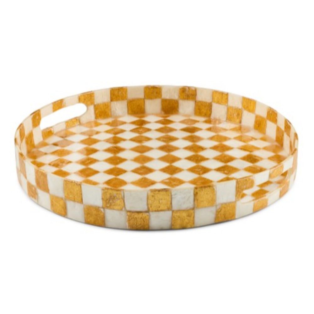 Round bone-in-shell serving tray with a checkerboard pattern in warm golden-brown and off-white, featuring a cutout handle on the left side.