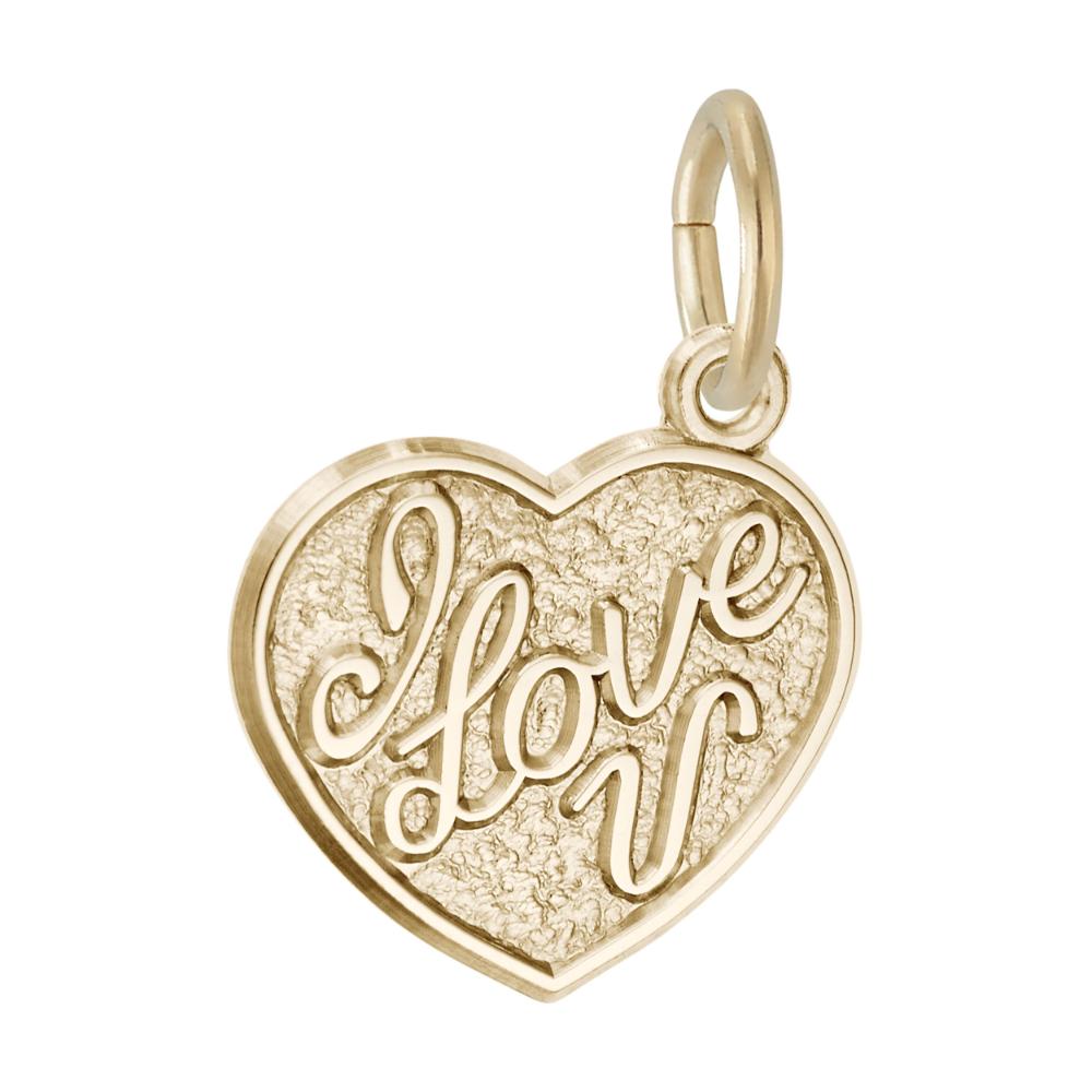 Gold heart-shaped charm with 'I Love U' engraved on a white background