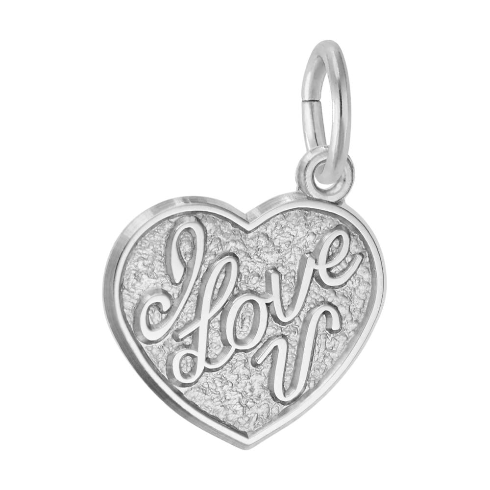 Silver heart-shaped charm with 'I Love U' engraved on a white background