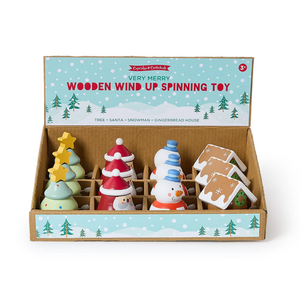 Christmas-themed wooden wind-up toys in a box with festive design.