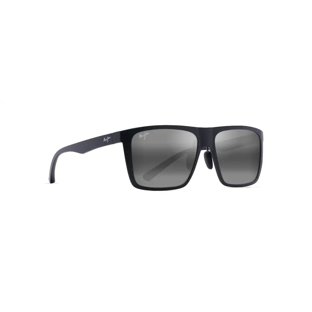 Black sunglasses with reflective lenses on a white background