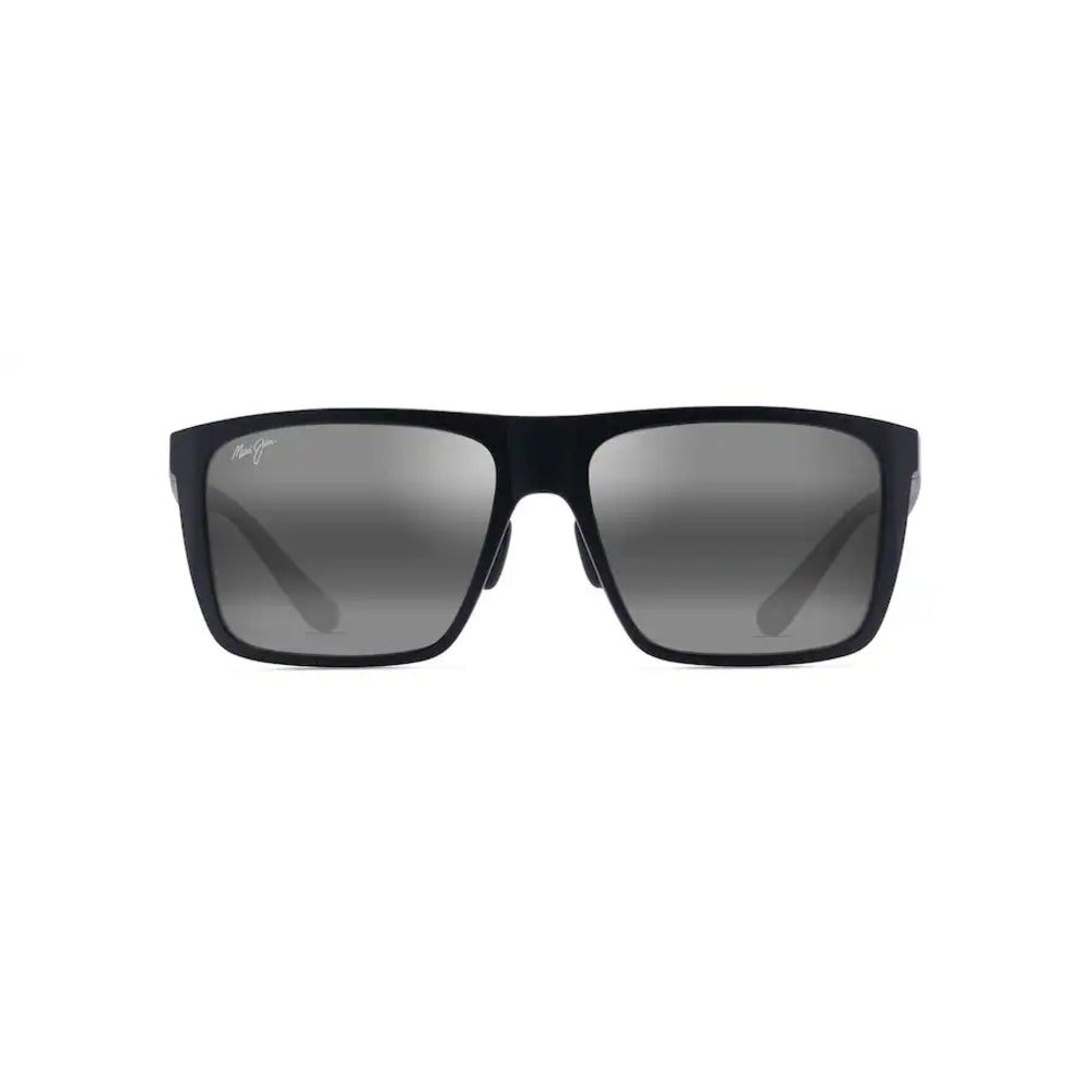 Black sunglasses with reflective lenses on a white background
