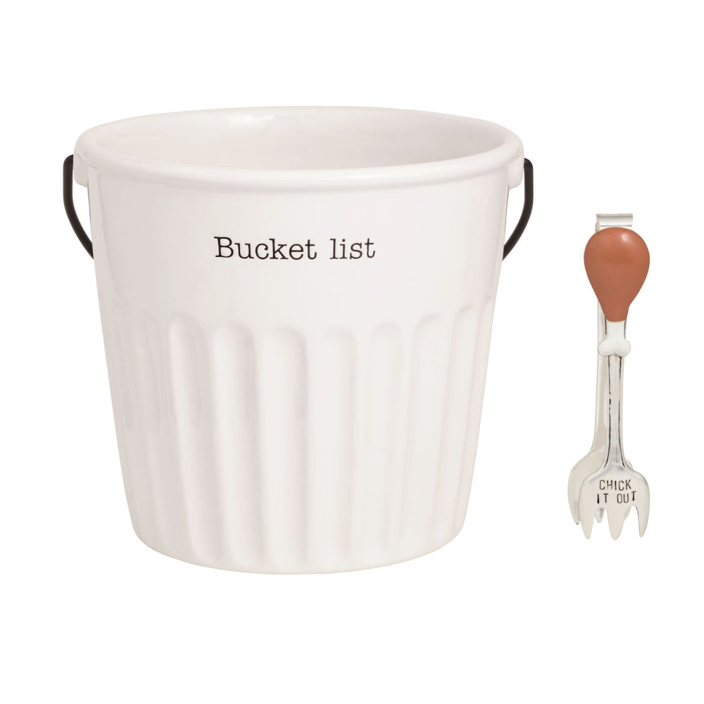 White bucket labeled 'Bucket list' with a tool featuring a fork and spoon on a white background