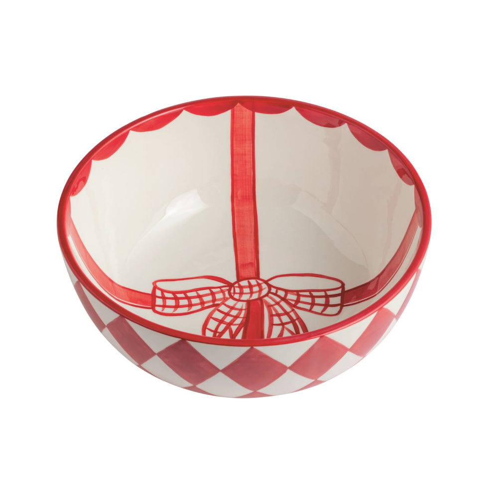 Decorative bowl with red checkered pattern and bow design on a white background