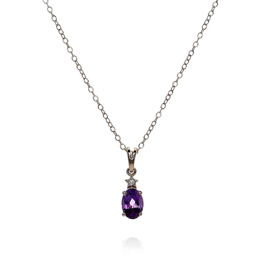 14k Yellow Gold Oval Amethyst and Diamond Pendant Necklace