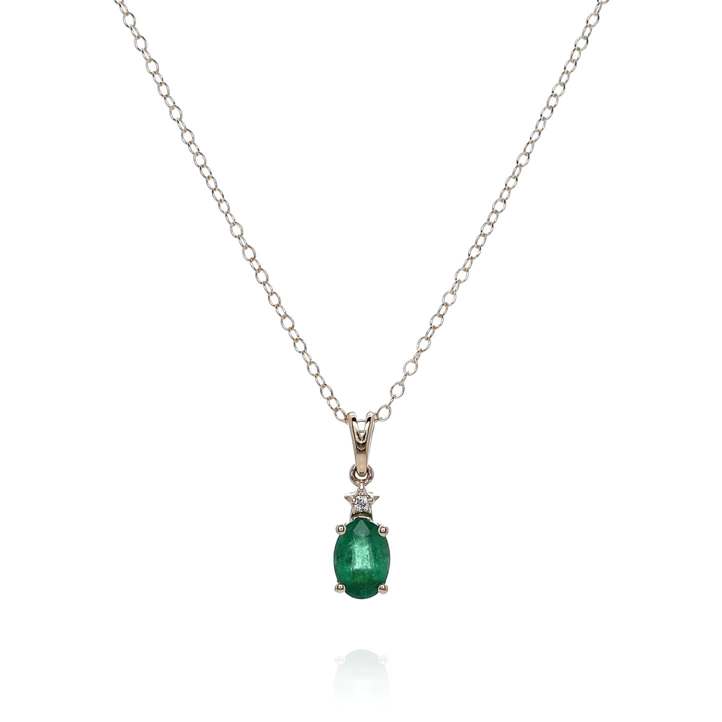 14k Yellow Gold Oval Green Emerald and Diamond Pendant Necklace